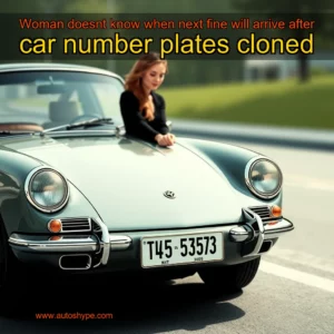 Artistic representation for Woman doesnt know when next fine will arrive after car number plates cloned