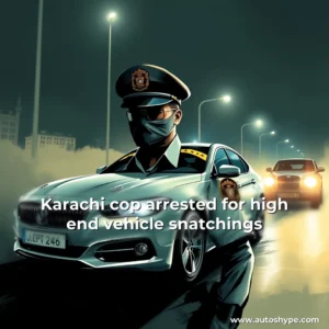 Artistic representation for Karachi cop arrested for high end vehicle snatchings
